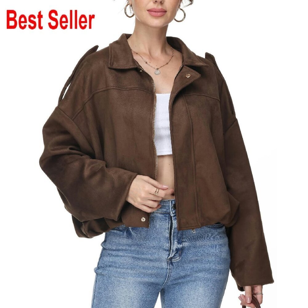 Oversized Faux Suede Bomber Jacket Cropped Streetwear Chic Y2K Trendy